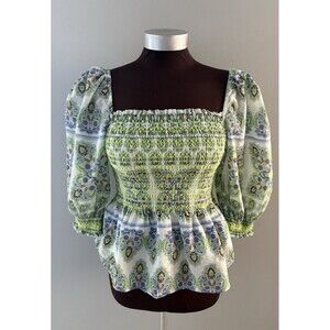 HALE BOB Smocked Top Size S Ottie Voile White Print Milkmaid Peasant Renfair